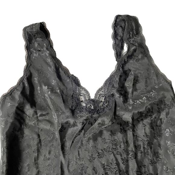 Vintage 1970s Barbizon Slip Dress Midi Lace Trim Floral Vines Black L EUC - Picture 6 of 13